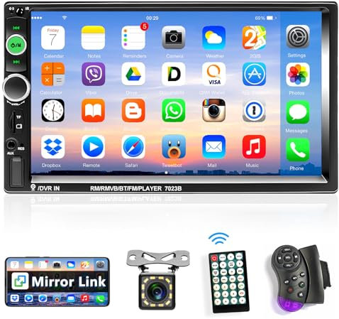 Podofo 2 Din Autoradio mit Bluetooth, 7 Zoll Autoradio mit Bildschirm MP5 Player Unterstützung FM-Radio/AUX/Spiegellink/Lenkradsteuerung/Fernbedienung + 12 Lichtern Rückfahrkamera