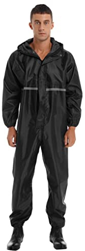 Oyolan Men's One Piece Waterproof Rainsuit Reflective Strip Full Body Over Rain Suit Work Wear Black M