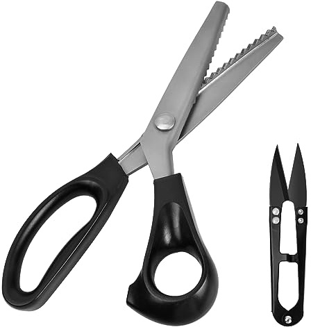Wisebom Tijeras Dentadas con Tijeras de Hilo, Tijeras Costura Serradas Zigzag Profesional de Acero Inoxidable Afilado con Mango Cómodo Negro 23.5cm Cizalla Dentada para Cortar Telas Costura Sastre