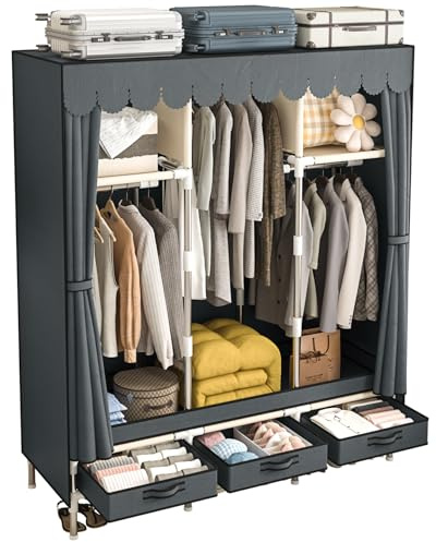 LEAIJIAFY Portable Armoire Wardrobe Closet with 3 Drawers and 3 Hanging Rods,Cloth Closet Wardrobe Cabinet for Hanging Clothes,Grey Cover,for Clothing,Bedding,51 in Width