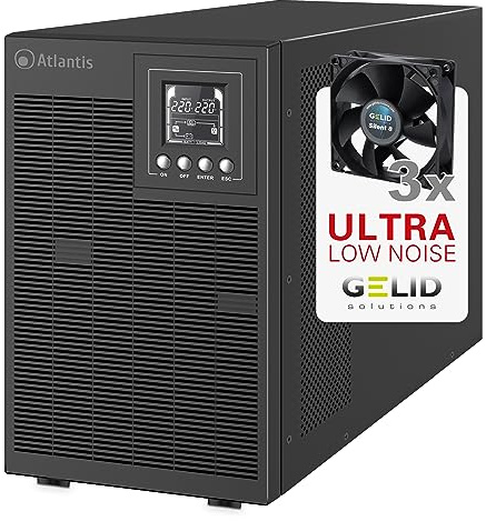 Atlantis A03-OP3002XLN UPS OnLine 75% leiser unterbrechungsfreier Server Doppelwandler Reine Sinuswelle 3000VA 2100W, Low Noise Gelid Lüfter 31,3 dbA, USB, 4 IEC, Steckplatz, 6x12V-9Ah
