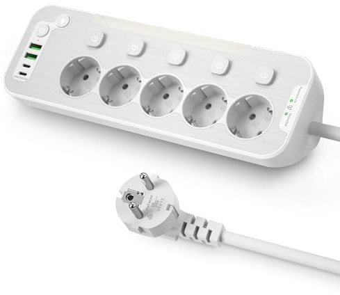 Multiprise Electrique avec Interrupteur Individuel, Prise Multiple Murale 5 Prises, Multiprise Bureau en Métal avec Veilleuse, Bloc Prise Cuisine d’Angle Parafoudre et Surtension,2 M Câble, Blanc