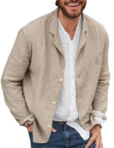 Chaqueta de Lino para Hombres Moda Moda Verano Ligero Chaqueta de Lino Holgada Casual Oficina de Negocios al Aire Libre Deportes Chaqueta Retro (Caqui,XL)