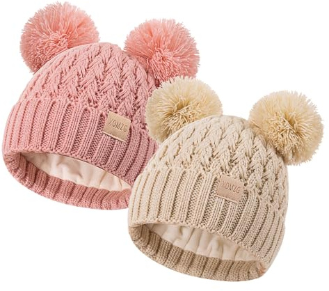 XOMZG Toddler Winter Beanie Hat, Infant Winter Warm Knit Fleece Lined Cap for Girls Boys with Pom Pom for 0-36 Months 2 Packs