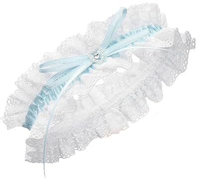 HEYOMI Premium Braut Strumpfband in Blau für Hochzeit, Band verziert mit Spitze, Schleife und einem edlen Herz mit filigranem Glitzer-Stein, Handgefertigt (Blu und Weiß)