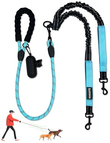 LEOSASA Double Dogs Leash - Removable Main Lead Rope with Splitter, No Tangle 2 Dog Coupler, Reflective No Pull Bungee, 3 Handle, D-Ring, Extra Long for Walk Train Medium Large Two Pet (Blue)