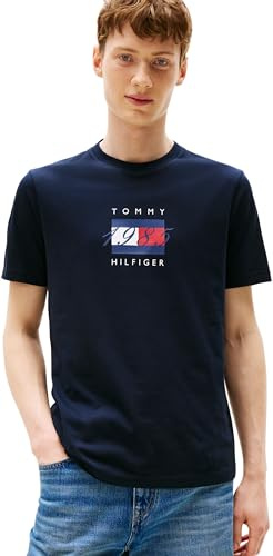Tommy Hilfiger herr linjär flagga grafisk T-tröja MW0MW41338 S/S t-shirt, blå, S, Blå (ökenhimmel), S