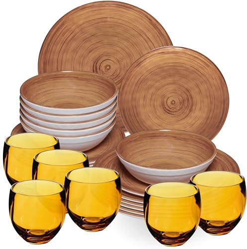 Melamin Geschirr Set Braun für 6 Personen - 24 Teile mit farblich passenden Trinkgläsern 400 ml aus Acryl Steingutoptik Spülmaschinengeeignet Zubehör Campinggeschirr Wohnwagen Camping Festival