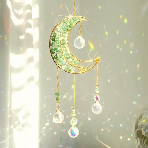 Crystal Moon Suncacher-solfångare, inre fönsterprisma, månkristall, drömfångare, naturliga helande stenar, regnbågsmakare, trädgård, bil, dekoration, utomhus (grön fluorit)