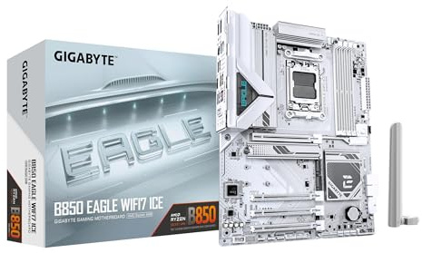 GIGABYTE B850 EAGLE WIFI7 ICE Motherboard - AMD Ryzen 9000 Series CPUs, 8+2+2 Phases Digital VRM, up to 8200MHz DDR5 (OC), 1xPCIe 5.0 + 2xPCIe 4.0 M.2, WIFI 7, 2.5 GbE LAN, USB 3.2 Gen 2