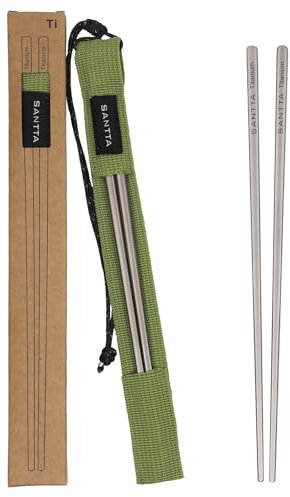 SANTTA Titanium Chopsticks with Travel Case - Ultralight and Reusable Chopsticks for Camping | 1 Pair Comes with Green Case