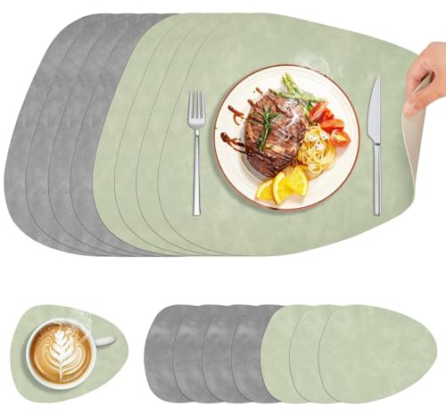 Omtofo Satz Von 8 Tischset, Platzset Hitzebeständig Doppelseitigen, Tischsets Leder Und Untersetzer, Ovales Tischsets Abwaschbar, rutschfeste Und Wasserabweisende Platzdeckchen, Grün Und Grau
