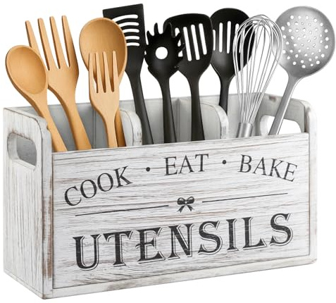 M.J COMFY-LIFE Farmhouse Wooden Utensil Holder - Bamboo Cutlery Organizer with Drainage Holes & Side Handles, Kitchen Countertop Storage for Spoons, Spatulas, and Cooking Tools (11x6) (White)