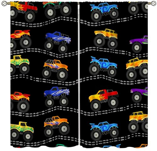 wlsgdsg Cartoon Car Curtains for Kids Cartoon Simple Mountain Racing Color Flame Monster Truck Mud Off-Road Vehicle Print for Boys Nursery Youth Bedroom Living Room 42x44.5Inch（No Blackout）