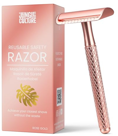 JUNGLE CULTURE® Rose Gold Safety Razor for Women • Luxurious Eco Friendly Reusable Metal Razors for all Skin Types • Double Edge Blades Not Included • Body & Face Single Blade Shaver & Shaving Guide