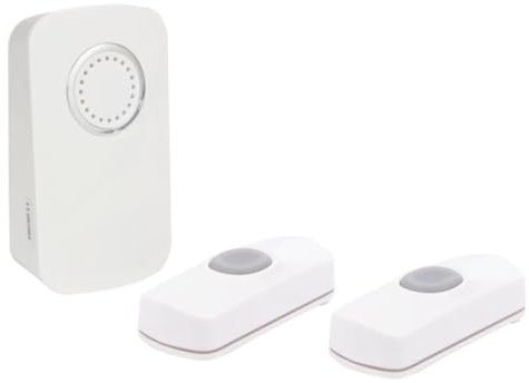 Perel Conjunto de timbre inalámbrico, con 1 x receptor / 2 x botones de presión con batería, impermeable IP44, 32 melodías, rango de 150 m, blanco