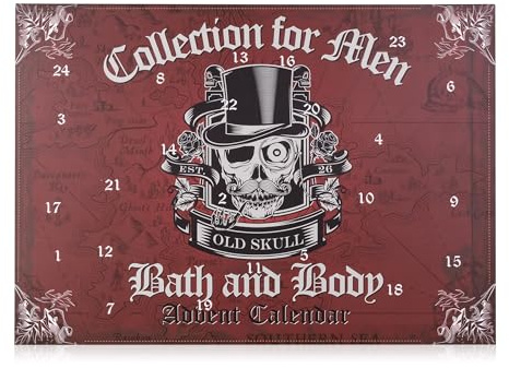 Accentra - Pflege Adventskalender 2025 für Männer mit 24 Pflegeprodukten im Totenkopf Design, Herren Weihnachtskalender zur Körperpflege mit Duschgel Bartwachs, Seife, Multi-Tool, Badebombe, Kamm uvm.