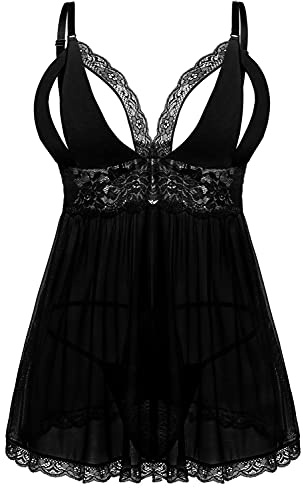 EVELIFE Babydoll Mujer Sexy Conjunto de Lencería Tallas Grandes Camisón de Encaje Tanga Ropa Interior Dormir Vestido(Negro Puro XL)