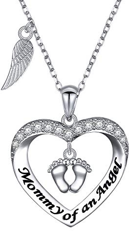 DAOCHONG 925 Sterling Silver Angel Wings Footprint Heart Necklace Mommy of an Angel Necklace Infant Child Loss Pregnancy Miscarriage Stillborn Memorial Jewelry Gift for Mom