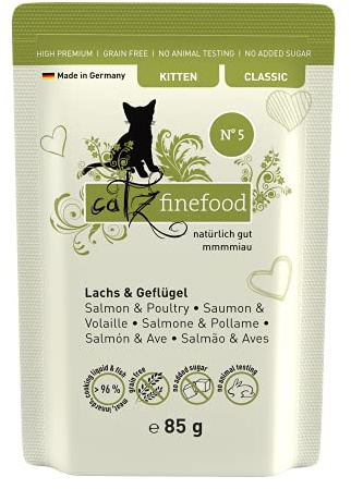 catz finefood Kitten nr. 5 lax och fjäderfä kattmat våt – finkost kattunge våtfoder för unga katter utan spannmål och socker med hög kötthalt (16 x 85 g påse)