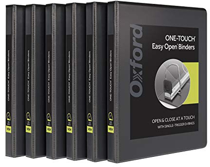 Oxford 3 Ring Binders, 0.5 inch ONE-Touch Easy Open D Rings, Durable Binders for School and Office, View Binder Covers, Xtralife Hinge, Non-Stick, PVC-Free, Black, Holds 125 Sheets, 6 PK (79901)