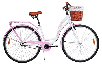 BDW 28 tums city-/trekkingcykel för kvinnor och flickor, damcykel, stadscykel, 1 växel, inkl. korg (rosa)