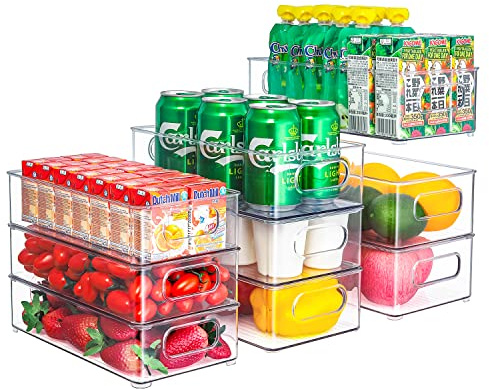 THLEITE Kühlschrank Organizer Stapelbar 9er Set (3 Größe), Hochwertig Speisekammer Vorratsbehälter mit Griff, Durchsichtig Aufbewahrungsbox, ideal für Küchen, Kühlschrank, Schränke - BPA Frei