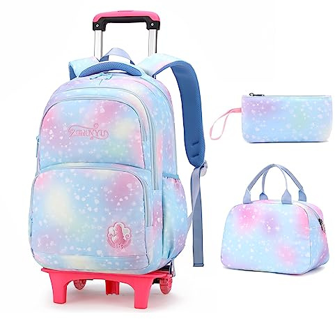 3Pcs Rolling Backpack for Girls Dream Princess Wind Bookbag with Wheels Travel Bag Trolley School Bag with Lunch Box Blue