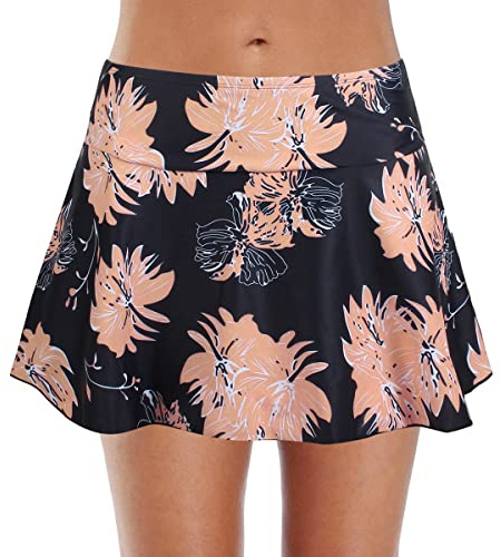 FLYILY Short de Bain Femmes Filles Réglable Jupe de Bain Sport Shorts de Plage avec Cordon Femme Taille Haute Tankini Shorts(1-BlackFlower,L)