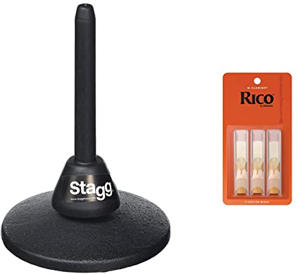 STAGG Stand for Flute/Clarinet with heavy base - WIS-A40 & Rico RCA0320 Bb Clarinet Reeds & Unfiled for Ease of Play, Traditional Blank for Clear Sound - Clarinet Reeds 2 Strength, 3-Pack