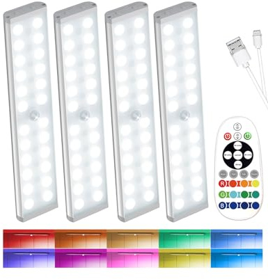 SZOKLED 58-LED Under Cabinet Lighting Wireless, RGB Motion Sensor Night Lights, 1100mAh Magnetic Under Cabinet Lights for Kitchen, Shelf, Stair, 15 Color (4 Pcs)