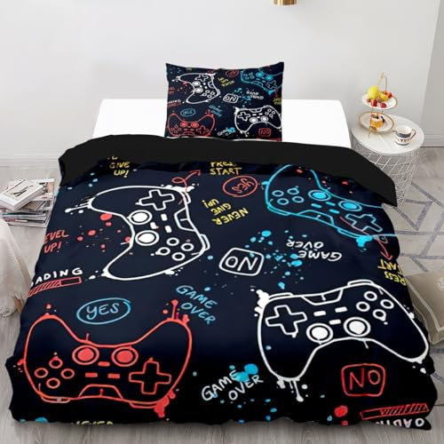 Decalsweet Gamer Duvet Cover Set for Boys,Blue Red Gamepad Bedding Set for Kids Children,Soft Breathable Quilt Cover with Pillowcase,Single,2 pcs