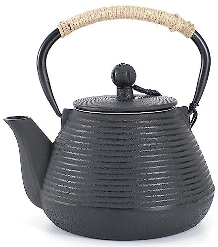 Teiera in ghisa, 1000ml, bollitore sicuro per piano cottura con infusore per foglie di tè sfuse, teiera giapponese con rivestimento interno smaltato, nera
