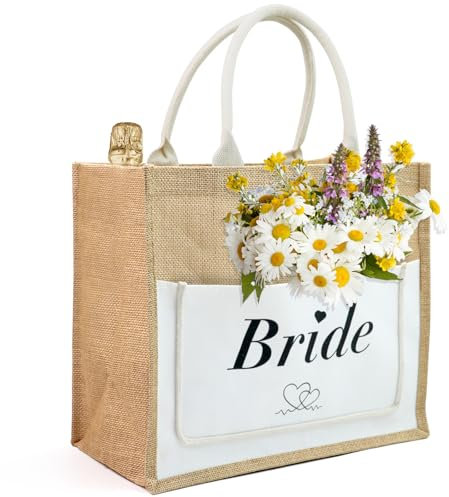 OURISE Jutetasche mit Bride, Frauen Jute Tote Bag, Jga Frauen Accessoires 36 x 32 x 19 cm Einkaufstasche, Geschenk für Brautjungfern, Bride to Be Deko, Damen, Geburtstage, Hochzeit, Valentinstag