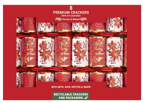 Harvey & Mason 8 Premium Red White Gold Poinsettia Flower Robin Holly Christmas Crackers Floral Print Table Decoration Xmas