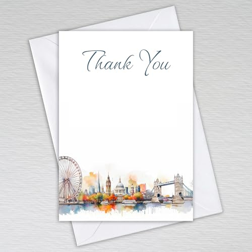 London Themed Thank You Cards with Envelopes / A6 Postcard Style Non-Folded Thankyou Notecards: UK British English Capital City of London Skyline Thank You Cards (Pack of 20 with Envelopes)