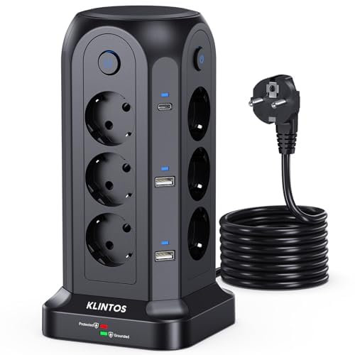 KLINTOS Multiprise avec Interrupteur, 12 Prises Multiprise Electrique avec 4 USB A & 2 USB C, 1500J Multiprise Parafoudre, Tour Multiprise et 2M Câble la Maison et au Bureau, Noir