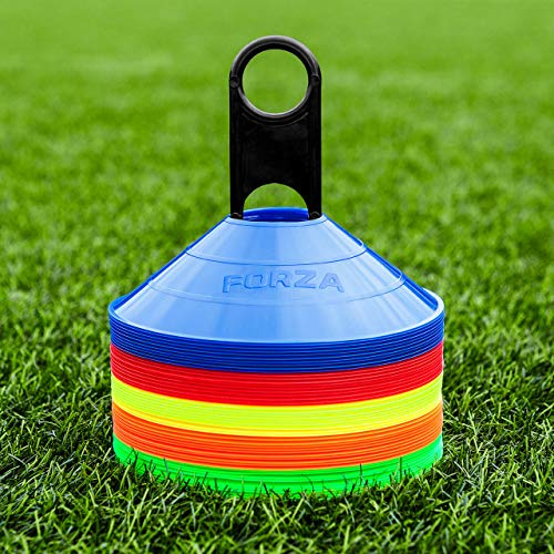 FORZA Träningsmarkörer | 10 livliga färgalternativ – premium coachingutrustning med stativ perfekt för fotboll, rugby och fitnessborrar [50 eller 1 000-pack]