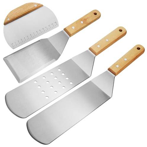 Heavy Duty Metal Spatula Set of 4, Professional Stainless Steel Griddle Spatulas and Scraper for Flat Top Grill, Cast Iron, BBQ, Smash Burger, Full Tang Wood Handle & Beveled Edge, Commercial Grade