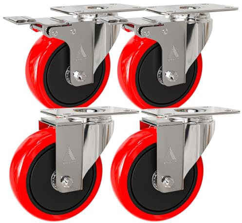 Auroh 4x Castor Wheels Large 100mm - 600KG Heavy Duty Rubber Swivel trolley wheels - Set of 4 Low Noise Castors for Furniture (Pack of 4 (2 with Brakes & 2 without Brakes))
