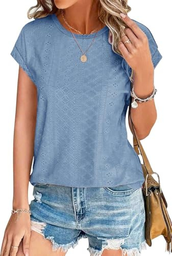 SOADKP Damen Tops Sommer Oberteile Elegant Kurzarm t Shirts Spitze Casual Bluse Tunika(blau/XXL)