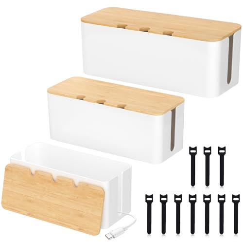 FERRGIA 3er Set Kabelbox aus ABS & Bambus-Kabelmanagement Box zum Verstecken von Steckdosenleisten & Kabeln-Kabelorganizer Box Groß,Mittel,Klein(Weiß)-Platzsparend & Sicher für Schreibtisch,Wohnzimmer