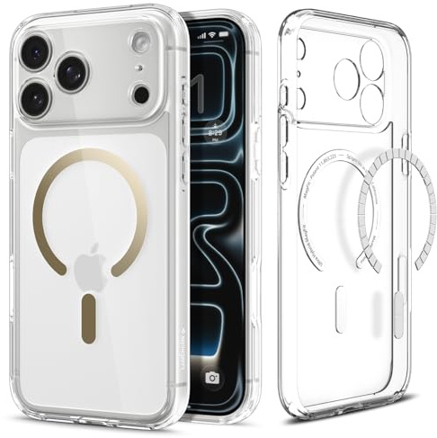 Spigen iPhone 17 Pro Max Hülle [Spigen Signature] Ultra Hybrid MagFit [Dura Clear Tech] Case Handyhülle Transparent Kompatibel mit MagSafe -Clear Gold