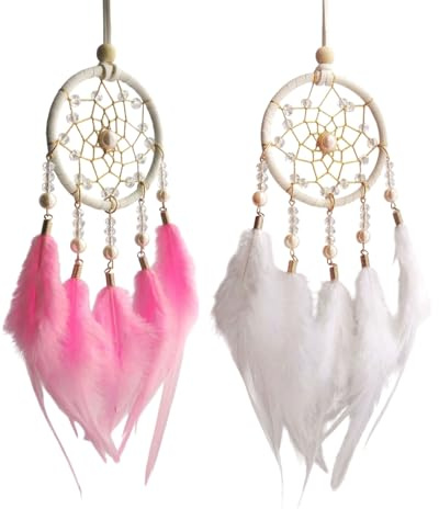 MYGLOAR 2 Piezas De Atrapasueños, Atrapasueños De Plumas Hechos A Mano,Para Niñas Y Niños Como Regalos, Decoraciones Para El Coche Del Dormitorio De La Habitación De Los Niños (Blanco + Rosa)