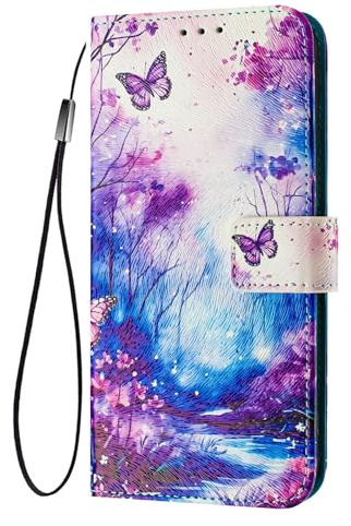ILING fodral till Samsung Galaxy A17 5G/4G, elegant blomma och söt tecknad mönsterdesign damplånbok PU-läder stötsäker flip folio skydd med kortplatser, ställ (fjäril)
