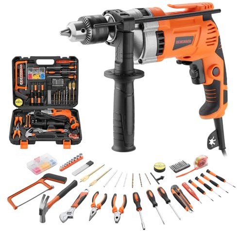 DEWINNER Hammer Drill 910W 0-3000RPM, Electric Corded Hammer Drill with 115 PCS Complete Tool Box, Variable Speed, 13mm Chuck, 2 in 1 Function, for Concrete, Iron Plate, Masonry and Wood,Carring Case