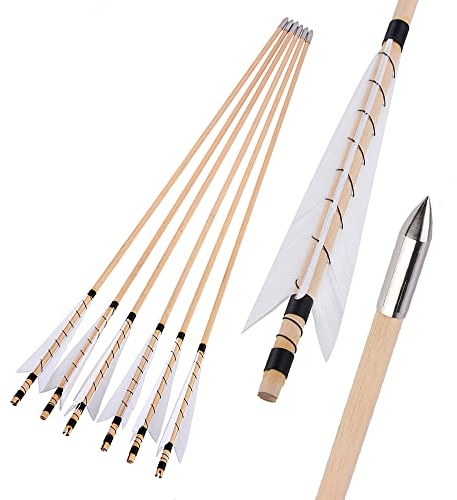 surwolf 32 Frecce in Legno da tiro con L'Arco,realizzate a Mano in Modo Tradizionale con Piuma di Tacchino da 5”,Asta in Legno da OD 8mm,frecce da Caccia per Arco Lungo/ricurvo 12 Pezzi (6)