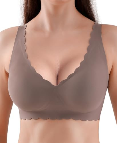Sylcosia Sujetadores para Mujer sin Costuras Cómodos sin Aros con Escote en V Profundo Sujetadores Push Up Acolchados Suaves Bustiers Bralettes Tipo Camiseta (Gris, L)
