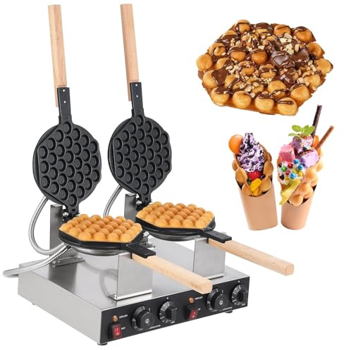 Double Head Bubble Waffle Maker Commercial, Non-stick Hong Kong Egg Waffle Machine, Professional Rotated Stainless Steel, 1400W 50-250°C, for Home or Commercial Use