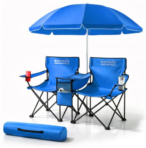 RMF PRO Set con Sombrilla y 2 Sillas de Exterior Ideal para Mar o Camping, con Bolsa Térmica Central y Portabebidas - Ideal también para Pesca, Estructura de Acero con Funda de Transporte Azul